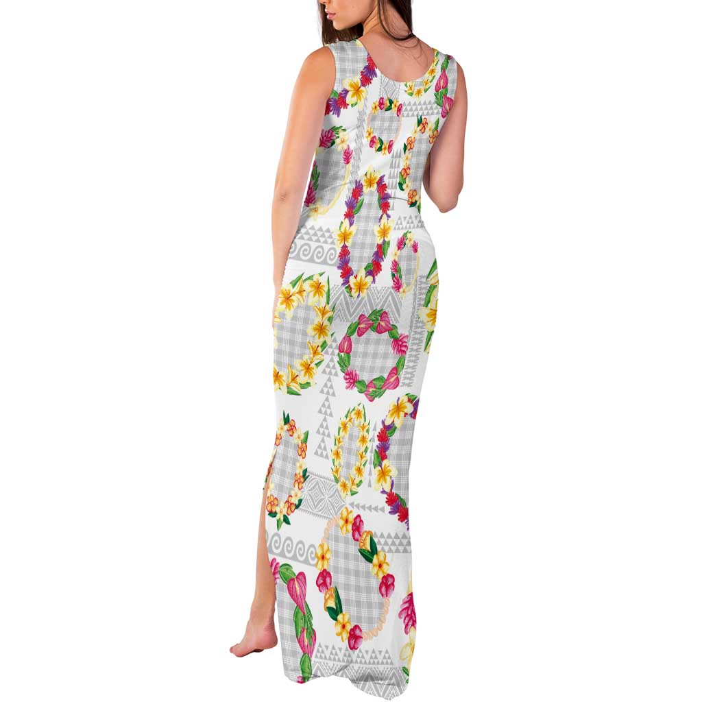 Hawaiian Kakau Tattoo Leis and Palaka Pattern Tank Maxi Dress Traditional Aloha Tribal White Color