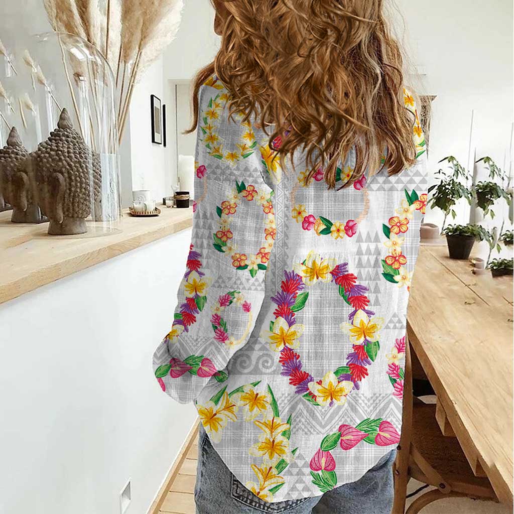 Hawaiian Kakau Tattoo Leis and Palaka Pattern Women Casual Shirt Traditional Aloha Tribal White Color