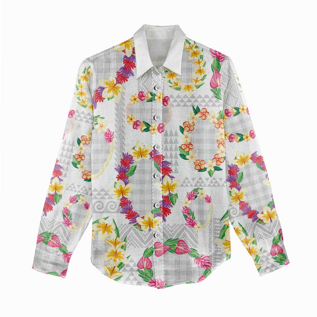 Hawaiian Kakau Tattoo Leis and Palaka Pattern Women Casual Shirt Traditional Aloha Tribal White Color
