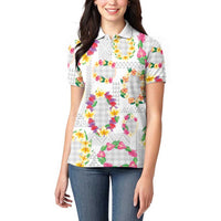 Hawaiian Kakau Tattoo Leis and Palaka Pattern Women Polo Shirt Traditional Aloha Tribal White Color