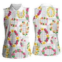 Hawaiian Kakau Tattoo Leis and Palaka Pattern Women Sleeveless Polo Shirt Traditional Aloha Tribal White Color LT03 - Polynesian Pride