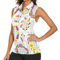 Hawaiian Kakau Tattoo Leis and Palaka Pattern Women Sleeveless Polo Shirt Traditional Aloha Tribal White Color LT03 - Polynesian Pride