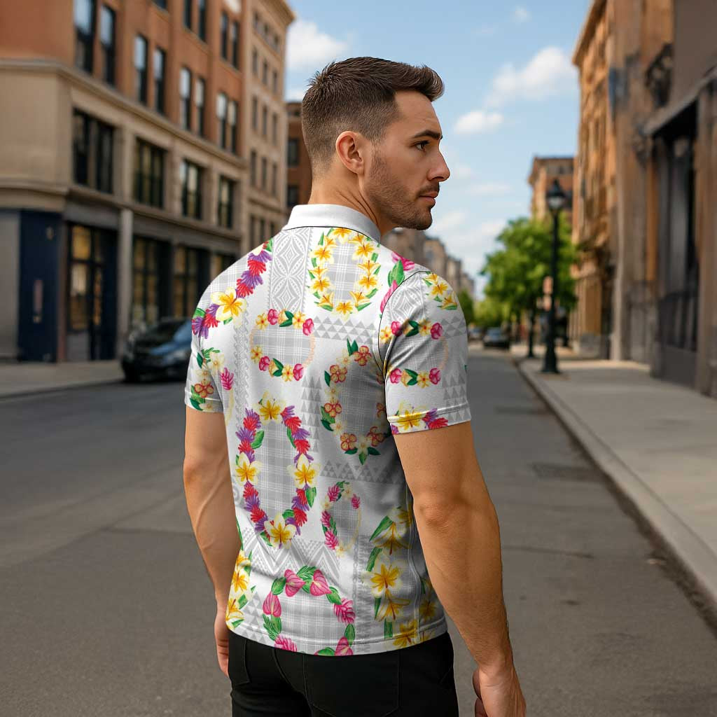 Hawaiian Kakau Tattoo Leis and Palaka Pattern Zipper Polo Shirt Traditional Aloha Tribal White Color LT03 - Polynesian Pride