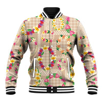 Hawaiian Kakau Tattoo Leis and Palaka Pattern Baseball Jacket Traditional Aloha Tribal Beige Color
