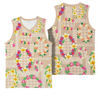 Hawaiian Kakau Tattoo Leis and Palaka Pattern Basketball Jersey Traditional Aloha Tribal Beige Color