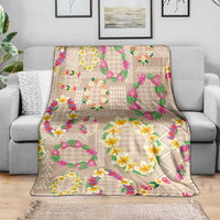 Hawaiian Kakau Tattoo Leis and Palaka Pattern Blanket Traditional Aloha Tribal Beige Color