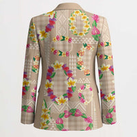 Hawaiian Kakau Tattoo Leis and Palaka Pattern Blazer Traditional Aloha Tribal Beige Color
