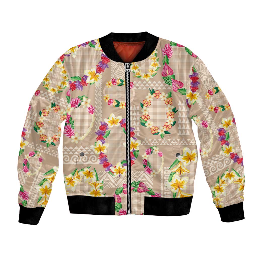 Hawaiian Kakau Tattoo Leis and Palaka Pattern Bomber Jacket Traditional Aloha Tribal Beige Color