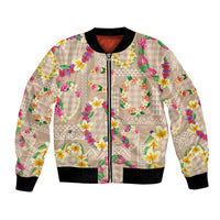 Hawaiian Kakau Tattoo Leis and Palaka Pattern Bomber Jacket Traditional Aloha Tribal Beige Color