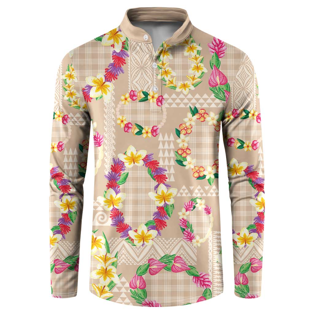 Hawaiian Kakau Tattoo Leis and Palaka Pattern Button Sweatshirt Traditional Aloha Tribal Beige Color