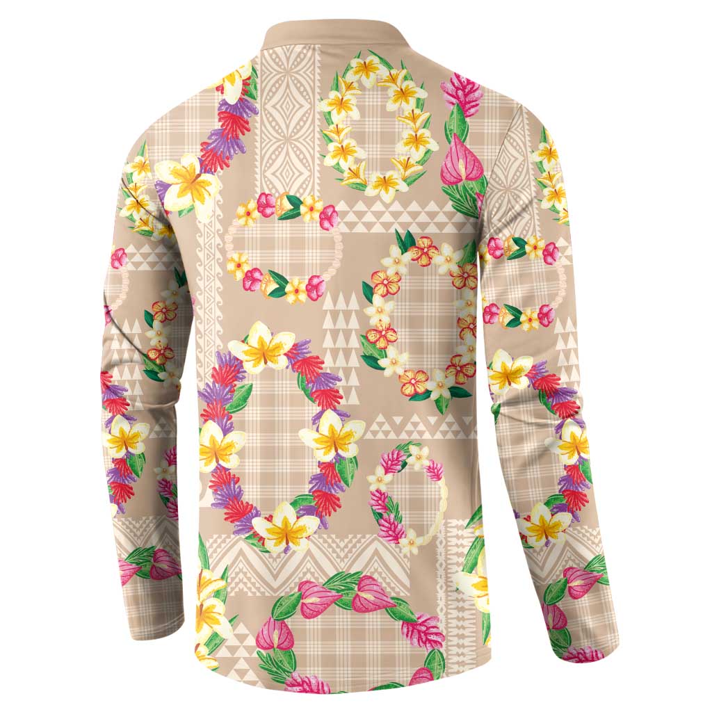 Hawaiian Kakau Tattoo Leis and Palaka Pattern Button Sweatshirt Traditional Aloha Tribal Beige Color