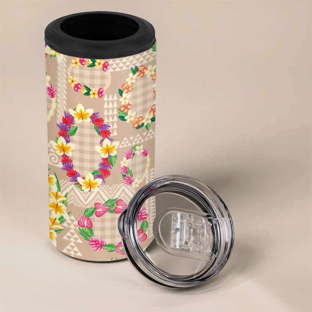 Hawaiian Kakau Tattoo Leis and Palaka Pattern 4 in 1 Can Cooler Tumbler Traditional Aloha Tribal Beige Color