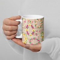 Hawaiian Kakau Tattoo Leis and Palaka Pattern Ceramic Mug Traditional Aloha Tribal Beige Color