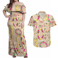 Hawaiian Kakau Tattoo Leis and Palaka Pattern Couples Matching Off Shoulder Maxi Dress and Hawaiian Shirt Traditional Aloha Tribal Beige Color LT03 Beige - Polynesian Pride