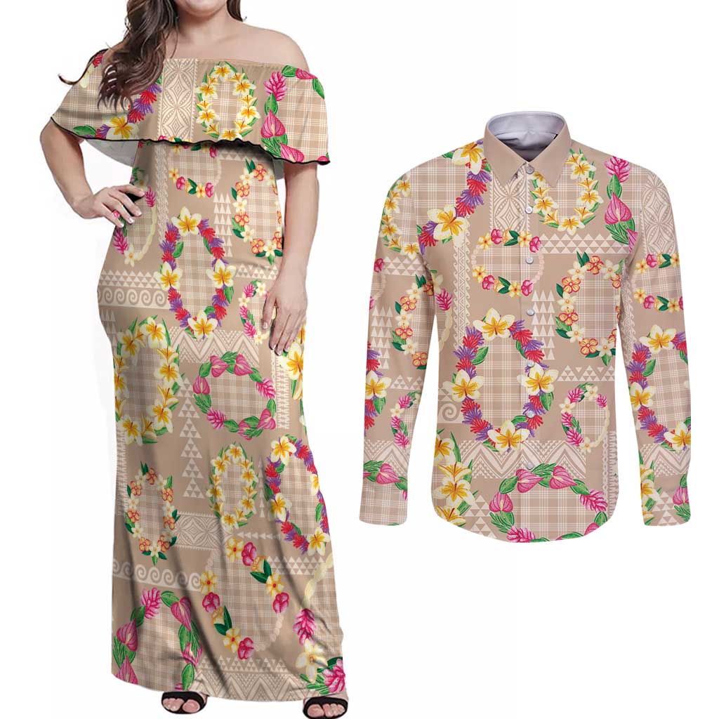Hawaiian Kakau Tattoo Leis and Palaka Pattern Couples Matching Off Shoulder Maxi Dress and Long Sleeve Button Shirt Traditional Aloha Tribal Beige Color