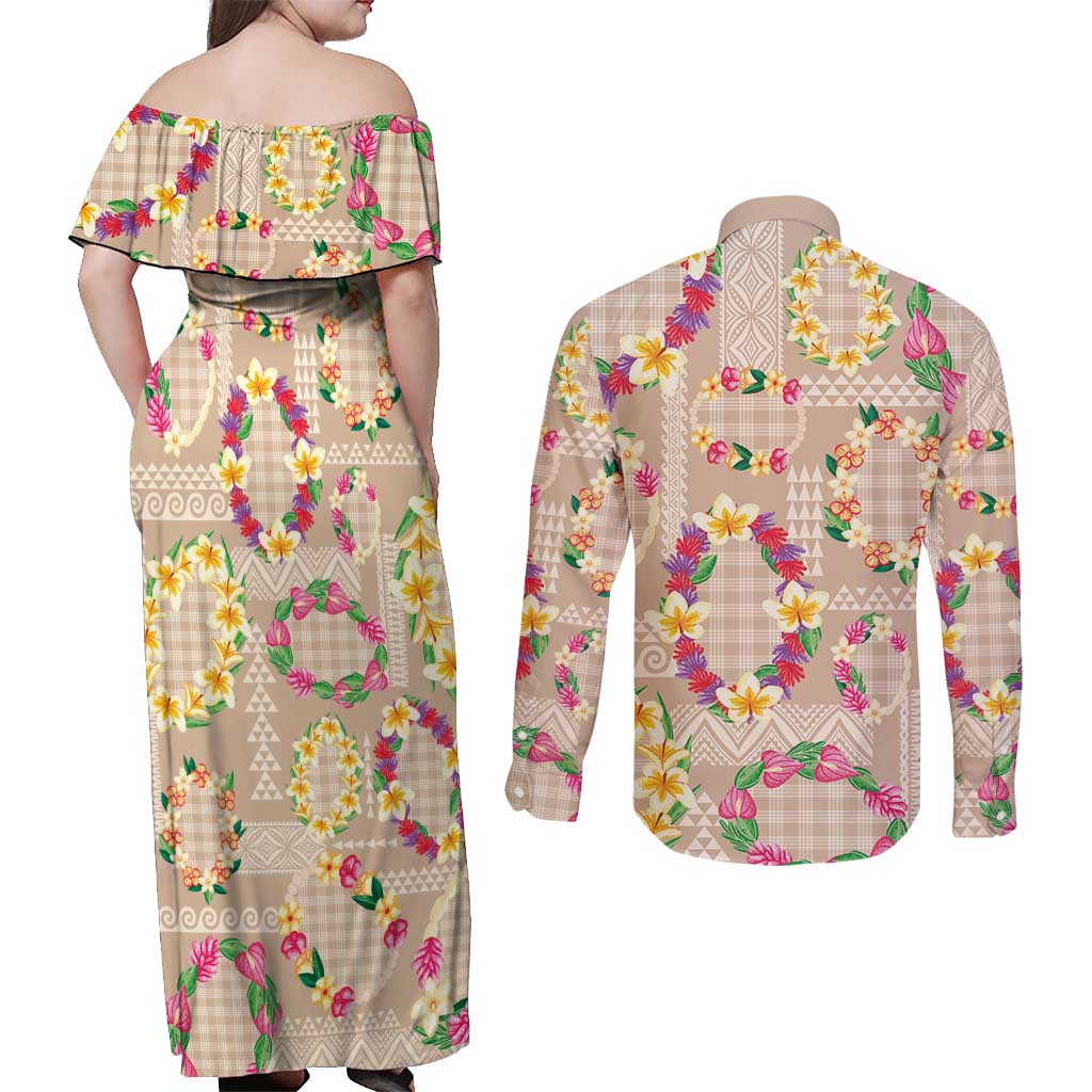 Hawaiian Kakau Tattoo Leis and Palaka Pattern Couples Matching Off Shoulder Maxi Dress and Long Sleeve Button Shirt Traditional Aloha Tribal Beige Color LT03 - Polynesian Pride
