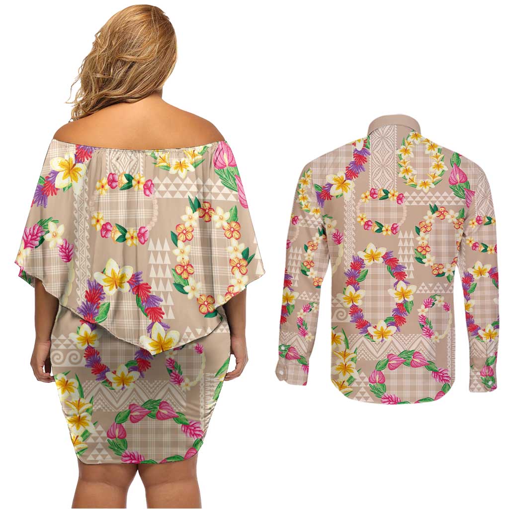 Hawaiian Kakau Tattoo Leis and Palaka Pattern Couples Matching Off Shoulder Short Dress and Long Sleeve Button Shirt Traditional Aloha Tribal Beige Color LT03 - Polynesian Pride