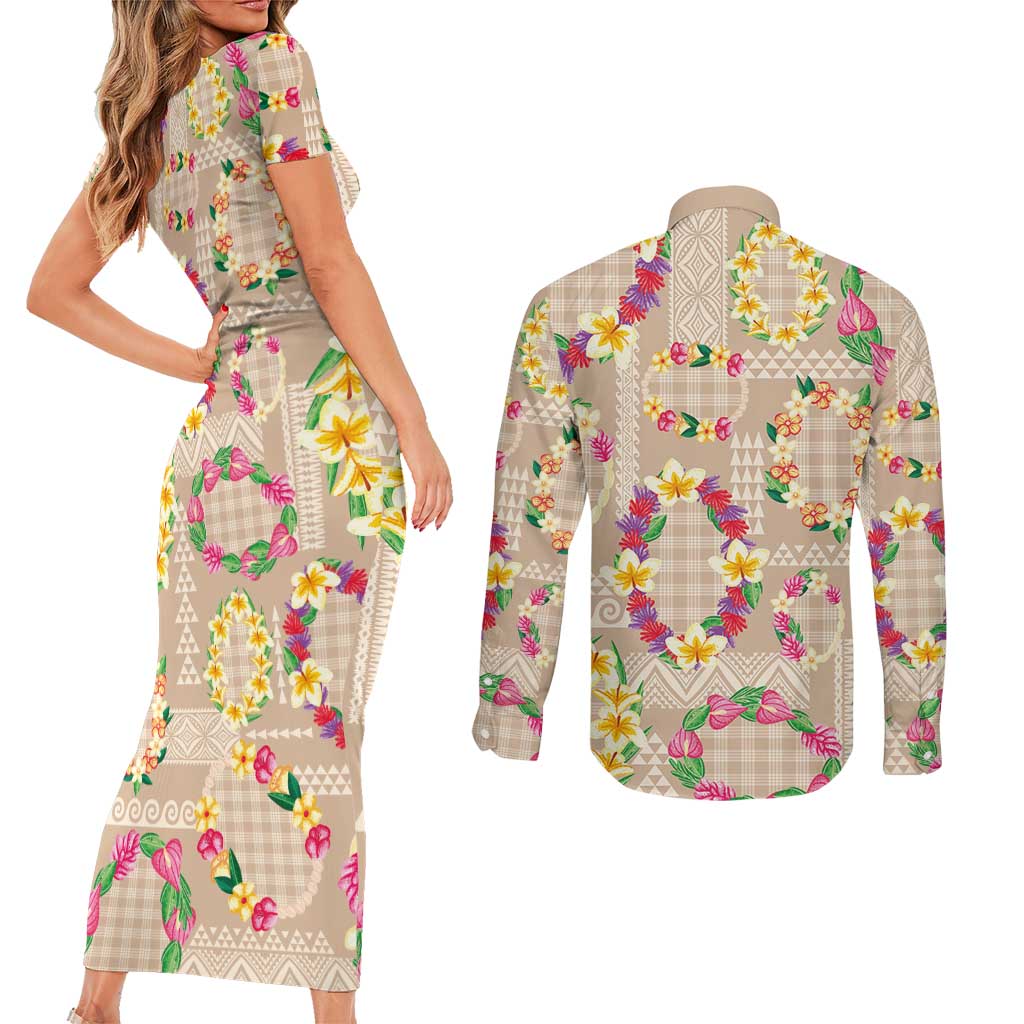 Hawaiian Kakau Tattoo Leis and Palaka Pattern Couples Matching Short Sleeve Bodycon Dress and Long Sleeve Button Shirt Traditional Aloha Tribal Beige Color LT03 - Polynesian Pride