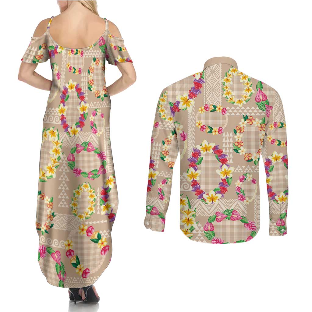 Hawaiian Kakau Tattoo Leis and Palaka Pattern Couples Matching Summer Maxi Dress and Long Sleeve Button Shirt Traditional Aloha Tribal Beige Color LT03 - Polynesian Pride