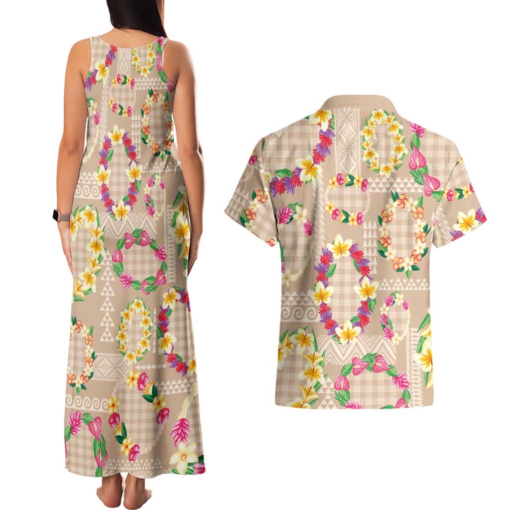 Hawaiian Kakau Tattoo Leis and Palaka Pattern Couples Matching Tank Maxi Dress and Hawaiian Shirt Traditional Aloha Tribal Beige Color LT03 - Polynesian Pride