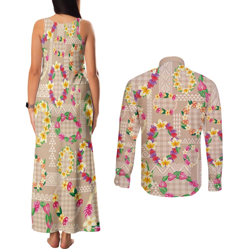 Hawaiian Kakau Tattoo Leis and Palaka Pattern Couples Matching Tank Maxi Dress and Long Sleeve Button Shirt Traditional Aloha Tribal Beige Color LT03 - Polynesian Pride