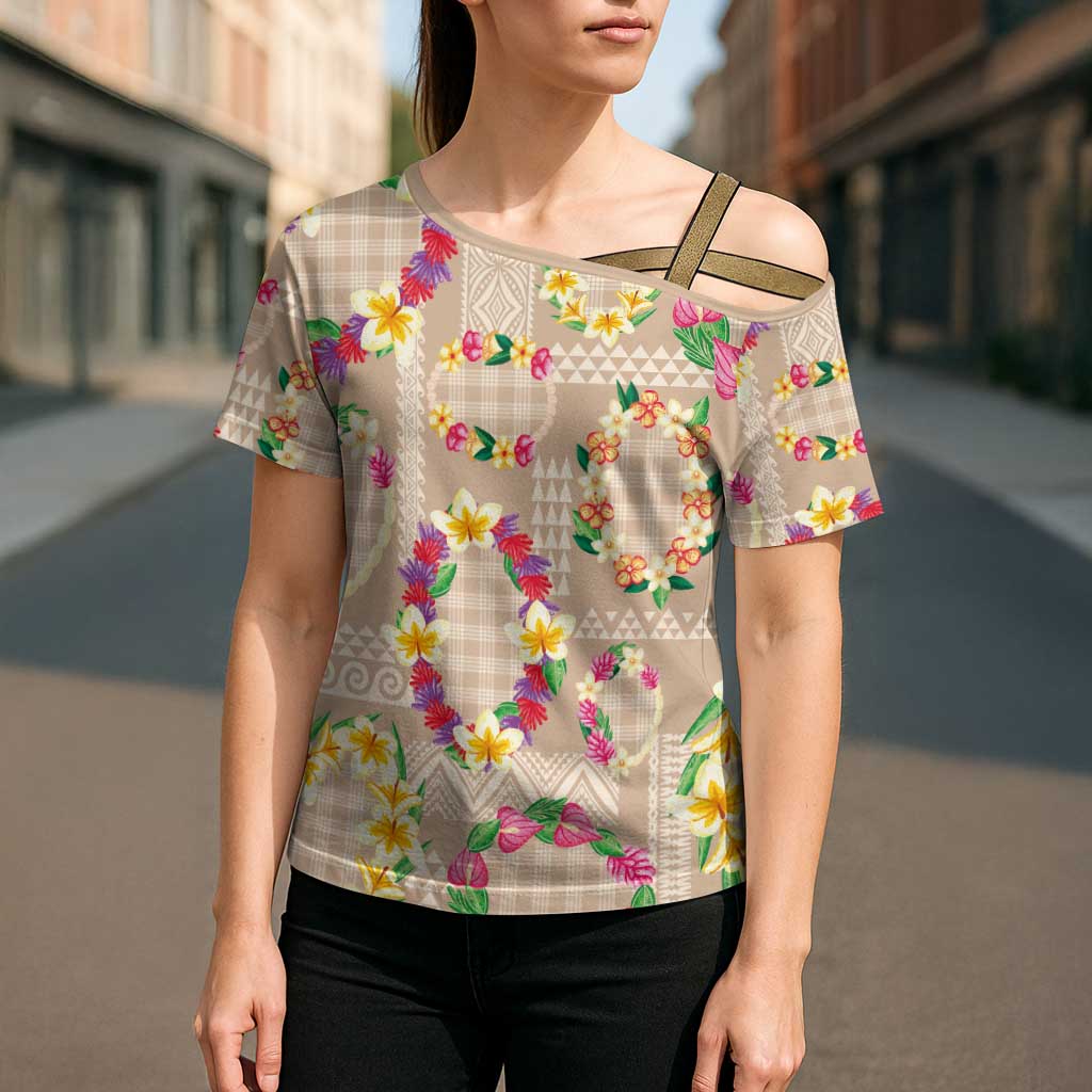 Hawaiian Kakau Tattoo Leis and Palaka Pattern Cross Shoulder Shirt Traditional Aloha Tribal Beige Color