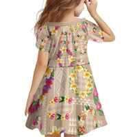 Hawaiian Kakau Tattoo Leis and Palaka Pattern Family Matching Long Sleeve Bodycon Dress and Hawaiian Shirt Traditional Aloha Tribal Beige Color LT03 - Polynesian Pride