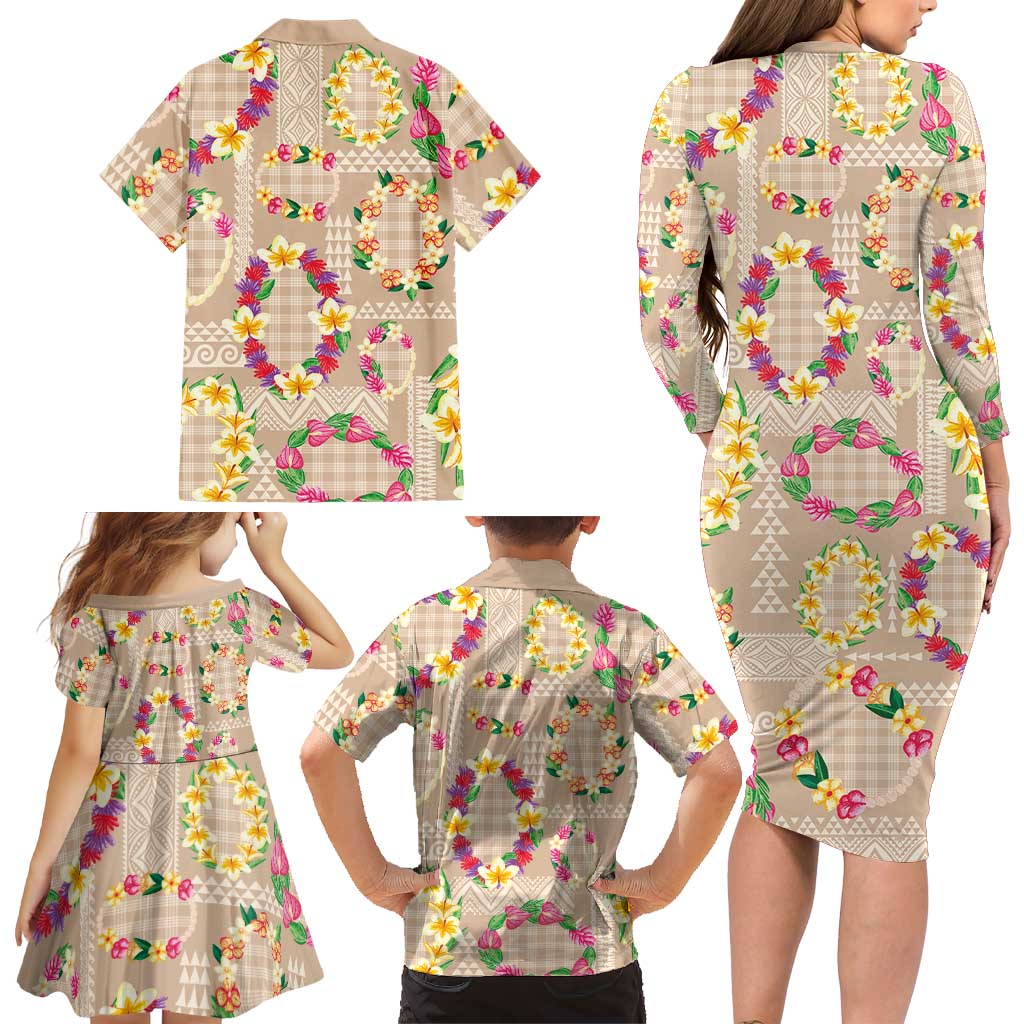Hawaiian Kakau Tattoo Leis and Palaka Pattern Family Matching Long Sleeve Bodycon Dress and Hawaiian Shirt Traditional Aloha Tribal Beige Color LT03 - Polynesian Pride