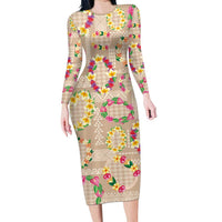 Hawaiian Kakau Tattoo Leis and Palaka Pattern Family Matching Long Sleeve Bodycon Dress and Hawaiian Shirt Traditional Aloha Tribal Beige Color LT03 Mom's Dress Beige - Polynesian Pride