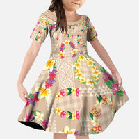 Hawaiian Kakau Tattoo Leis and Palaka Pattern Family Matching Off Shoulder Short Dress and Hawaiian Shirt Traditional Aloha Tribal Beige Color LT03 Daughter's Dress Beige - Polynesian Pride
