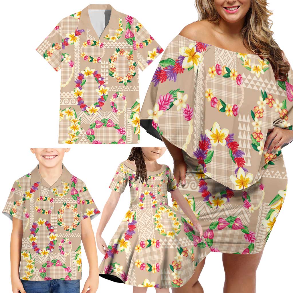 Hawaiian Kakau Tattoo Leis and Palaka Pattern Family Matching Off Shoulder Short Dress and Hawaiian Shirt Traditional Aloha Tribal Beige Color LT03 - Polynesian Pride