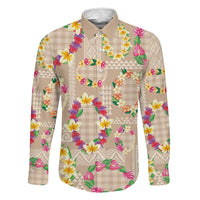 Hawaiian Kakau Tattoo Leis and Palaka Pattern Family Matching Off Shoulder Short Dress and Hawaiian Shirt Traditional Aloha Tribal Beige Color LT03 Dad's Shirt - Long Sleeve Beige - Polynesian Pride