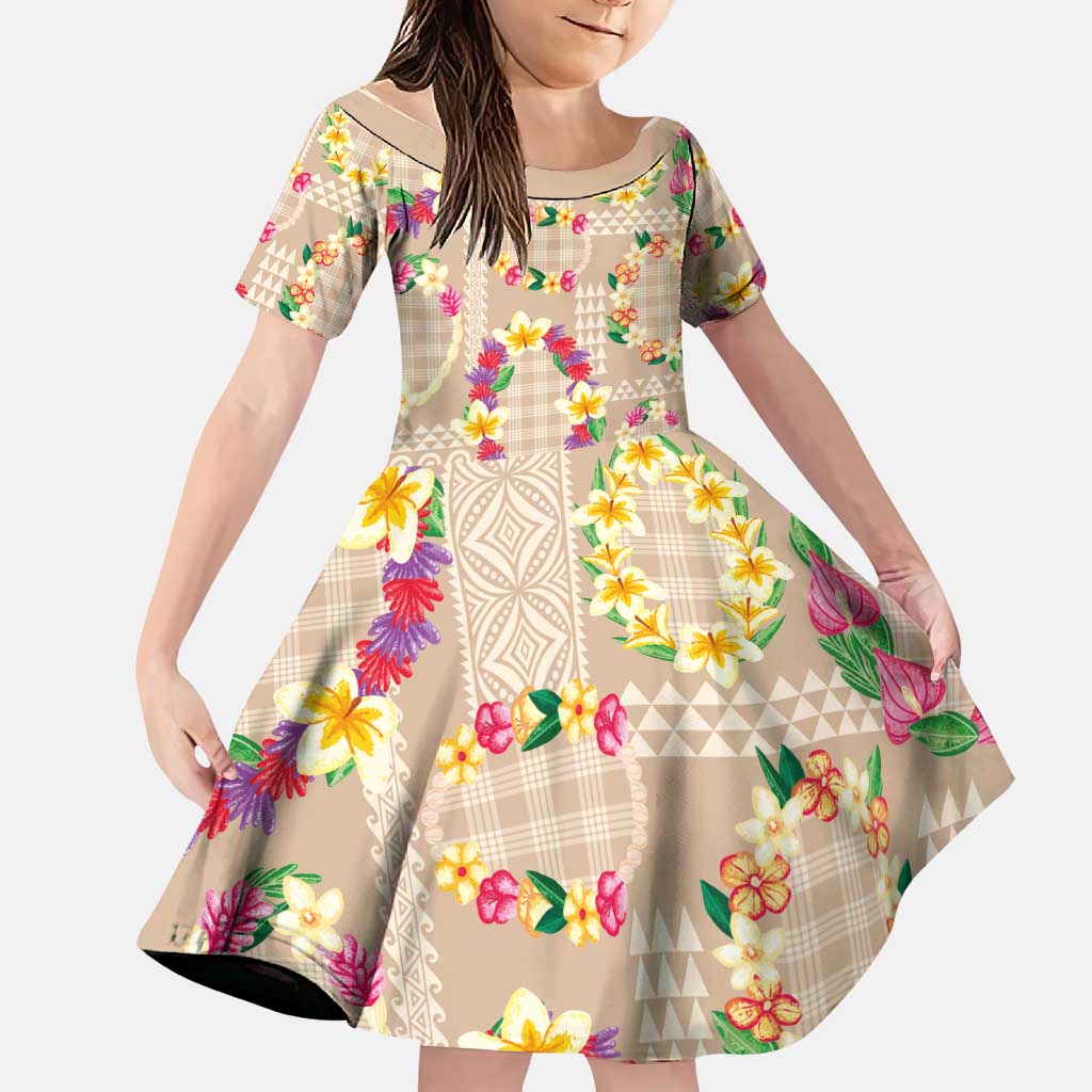 Hawaiian Kakau Tattoo Leis and Palaka Pattern Family Matching Puletasi and Hawaiian Shirt Traditional Aloha Tribal Beige Color LT03 Daughter's Dress Beige - Polynesian Pride