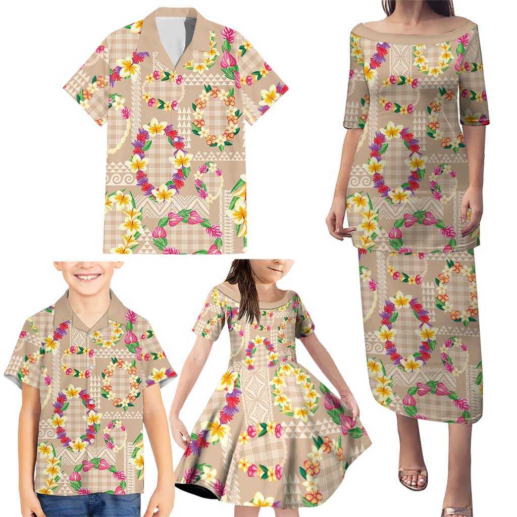 Hawaiian Kakau Tattoo Leis and Palaka Pattern Family Matching Puletasi and Hawaiian Shirt Traditional Aloha Tribal Beige Color LT03 - Polynesian Pride