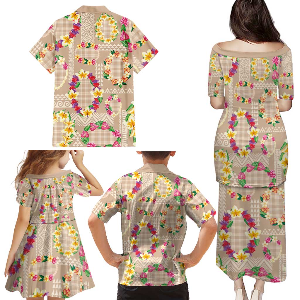 Hawaiian Kakau Tattoo Leis and Palaka Pattern Family Matching Puletasi and Hawaiian Shirt Traditional Aloha Tribal Beige Color LT03 - Polynesian Pride