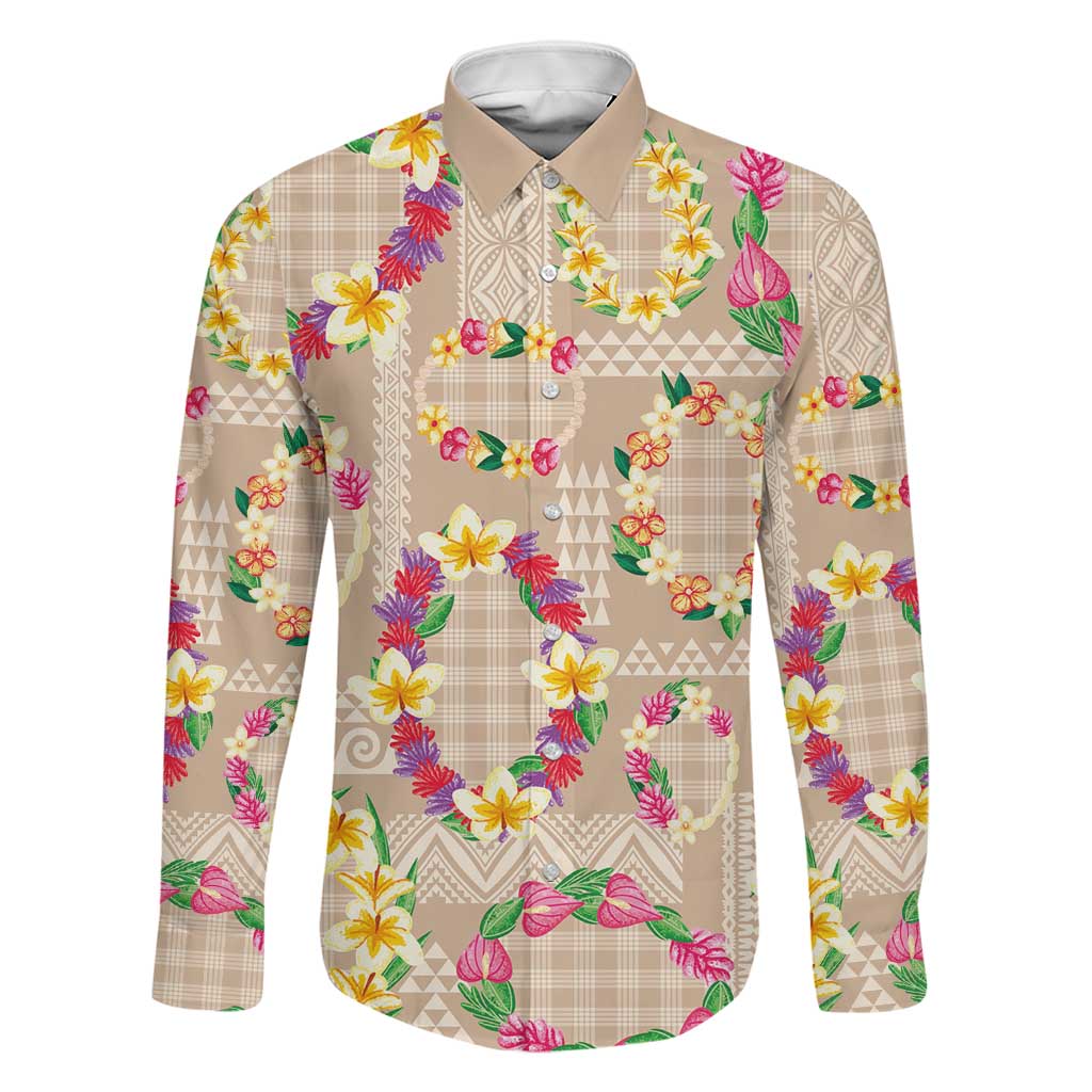 Hawaiian Kakau Tattoo Leis and Palaka Pattern Family Matching Puletasi and Hawaiian Shirt Traditional Aloha Tribal Beige Color LT03 Dad's Shirt - Long Sleeve Beige - Polynesian Pride