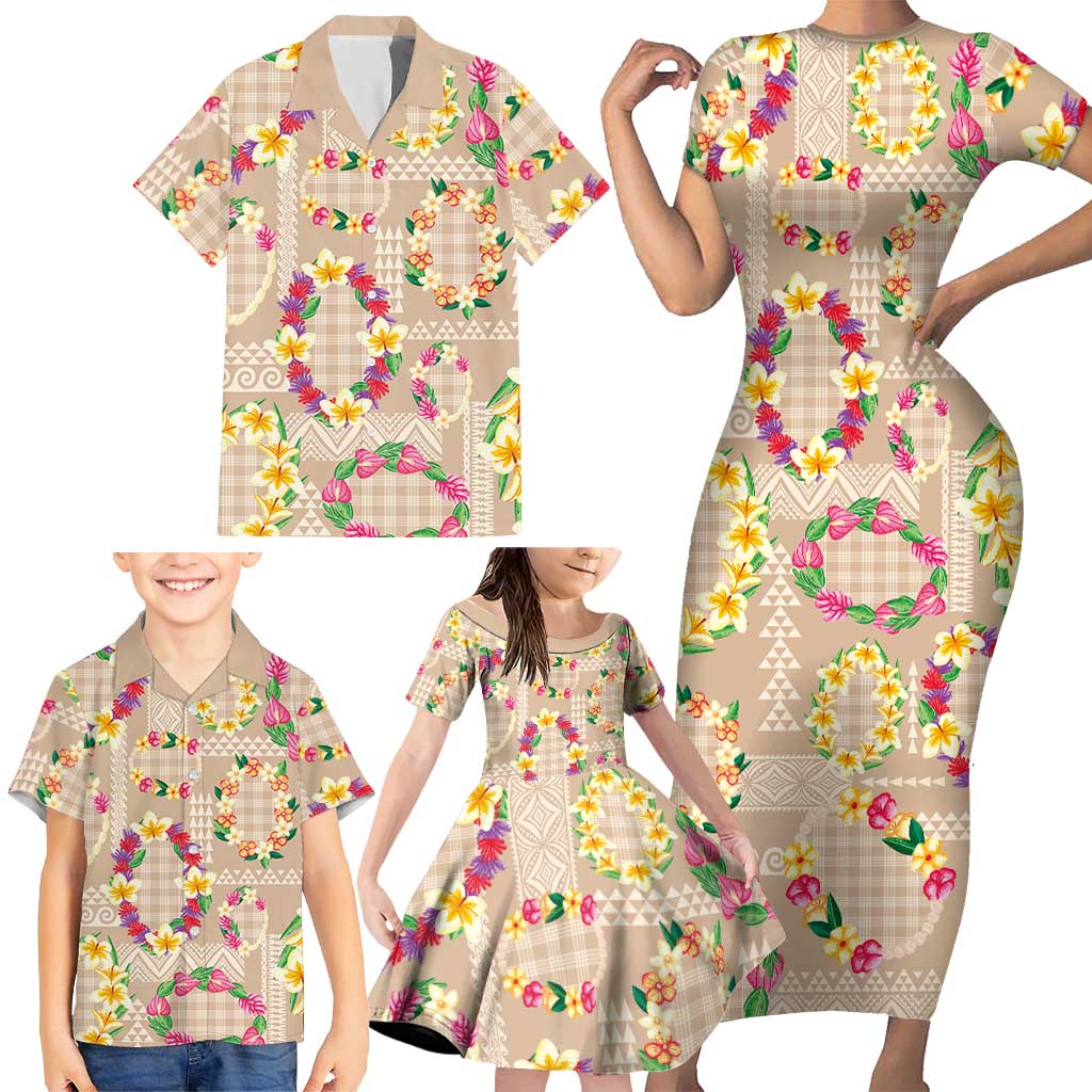 Hawaiian Kakau Tattoo Leis and Palaka Pattern Family Matching Short Sleeve Bodycon Dress and Hawaiian Shirt Traditional Aloha Tribal Beige Color LT03 - Polynesian Pride