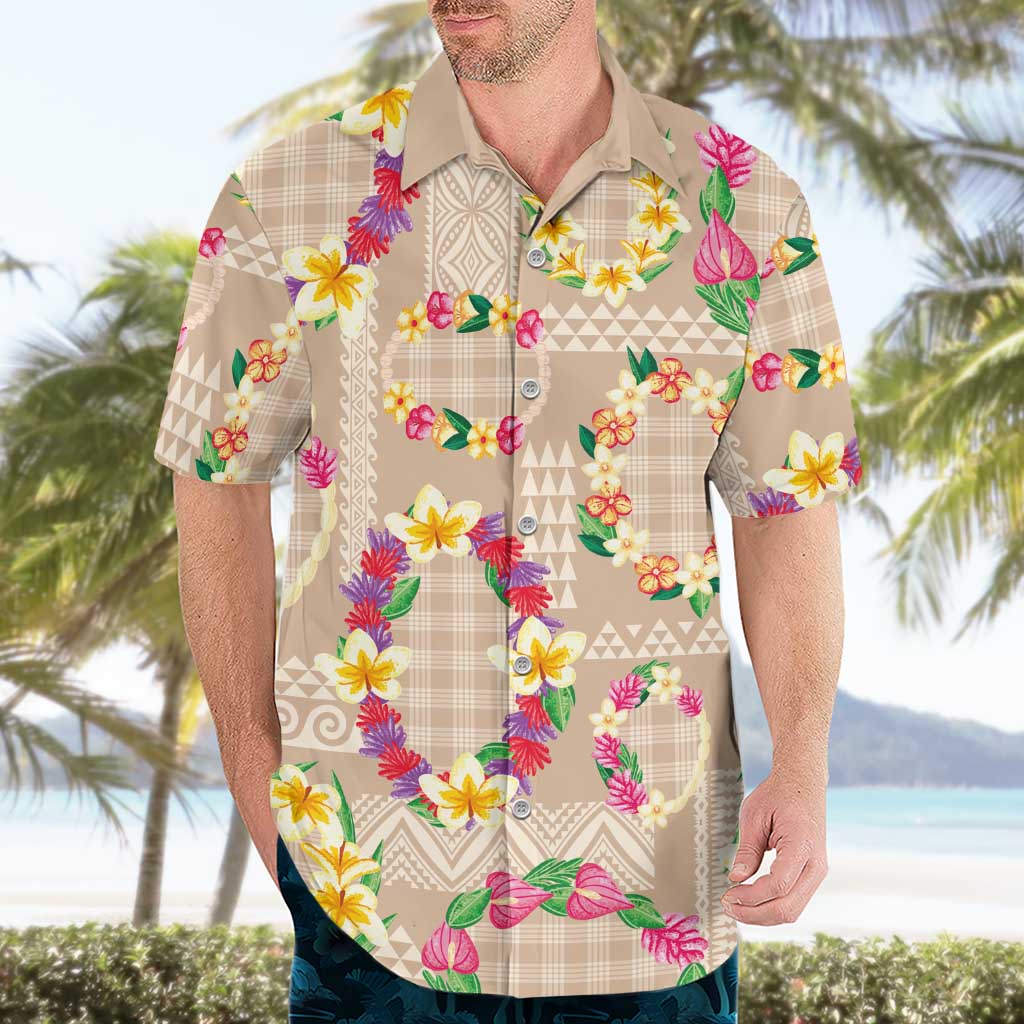 Hawaiian Kakau Tattoo Leis and Palaka Pattern Hawaiian Shirt Traditional Aloha Tribal Beige Color