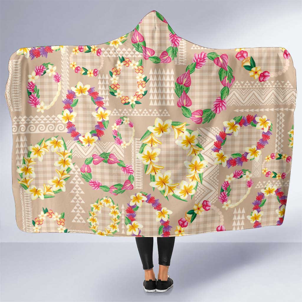 Hawaiian Kakau Tattoo Leis and Palaka Pattern Hooded Blanket Traditional Aloha Tribal Beige Color