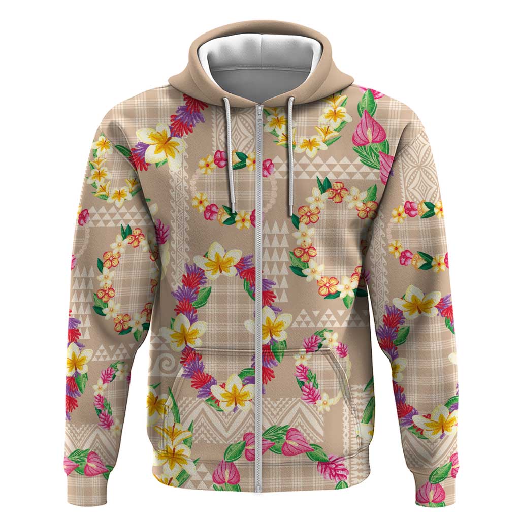 Hawaiian Kakau Tattoo Leis and Palaka Pattern Hoodie Traditional Aloha Tribal Beige Color