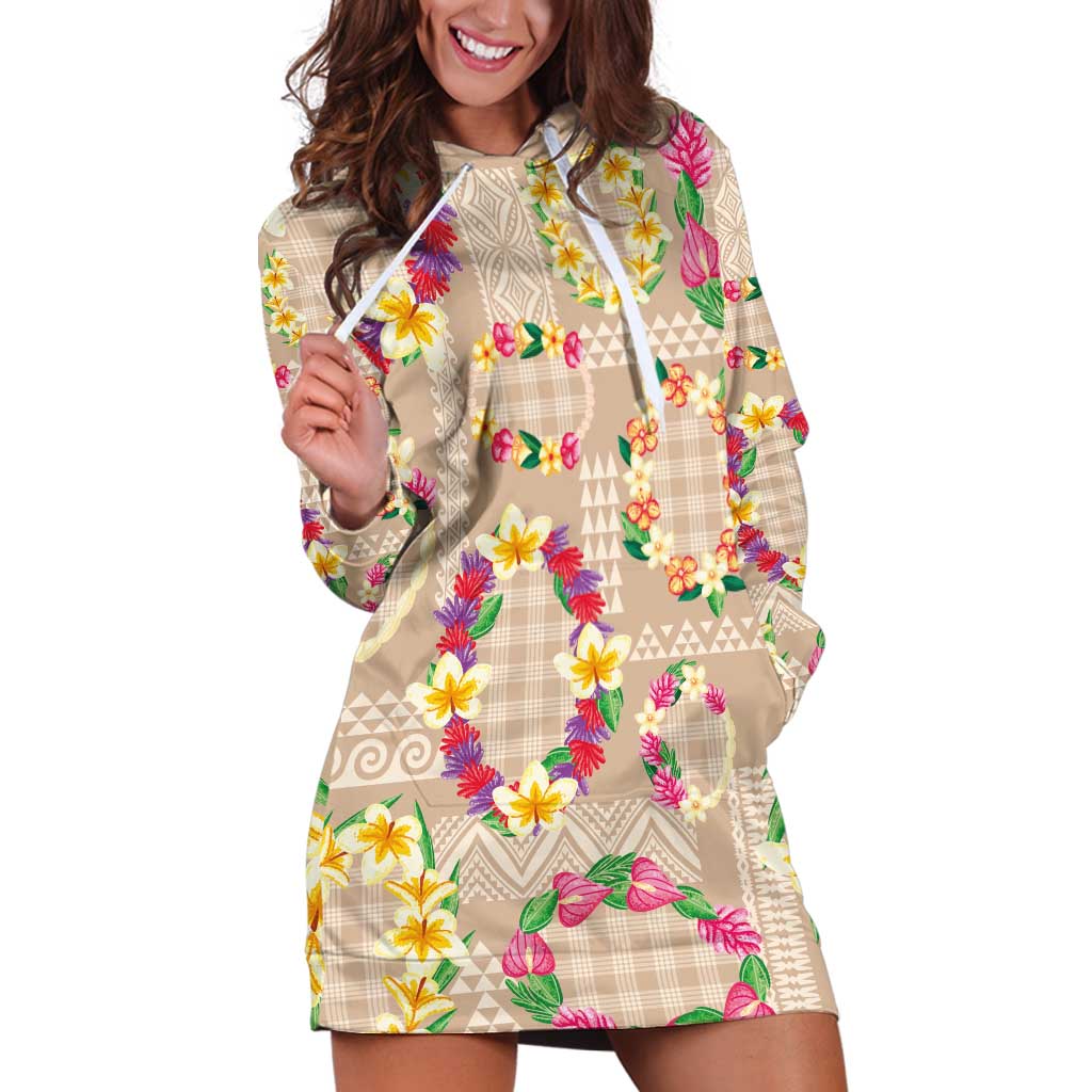 Hawaiian Kakau Tattoo Leis and Palaka Pattern Hoodie Dress Traditional Aloha Tribal Beige Color LT03 Beige - Polynesian Pride