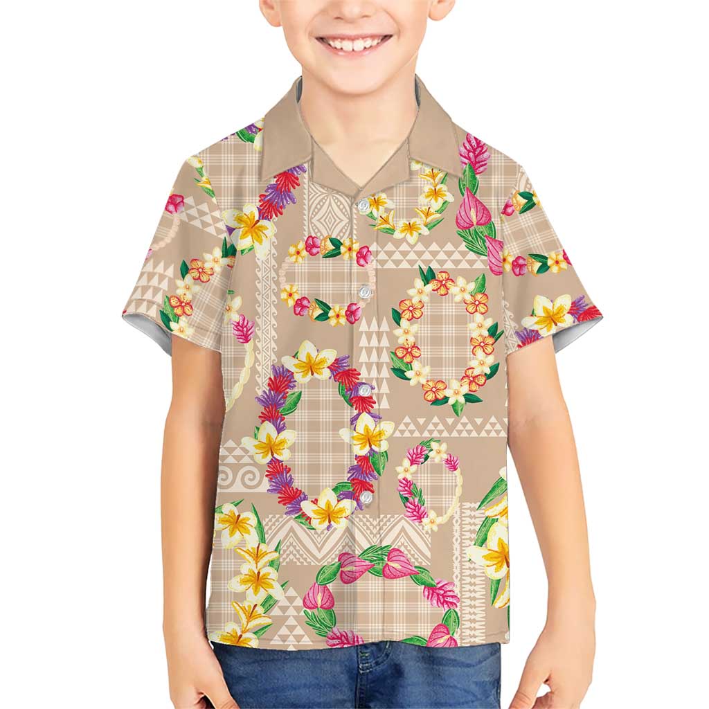 Hawaiian Kakau Tattoo Leis and Palaka Pattern Kid Hawaiian Shirt Traditional Aloha Tribal Beige Color