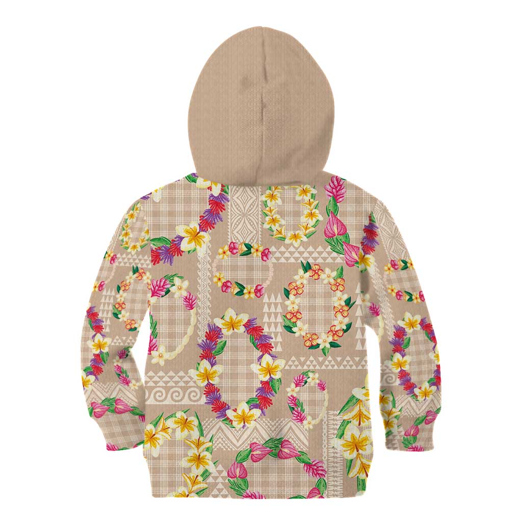 Hawaiian Kakau Tattoo Leis and Palaka Pattern Kid Hoodie Traditional Aloha Tribal Beige Color