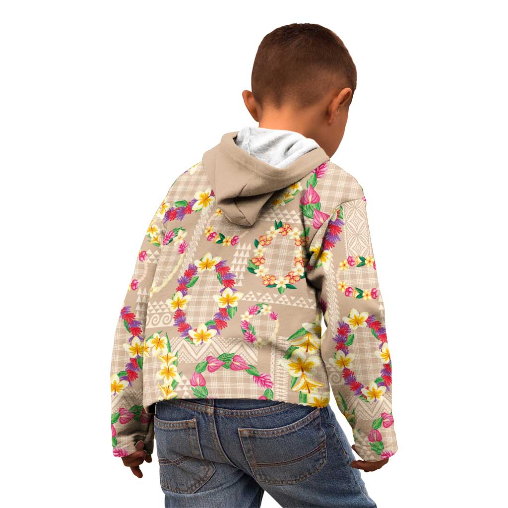 Hawaiian Kakau Tattoo Leis and Palaka Pattern Kid Hoodie Traditional Aloha Tribal Beige Color