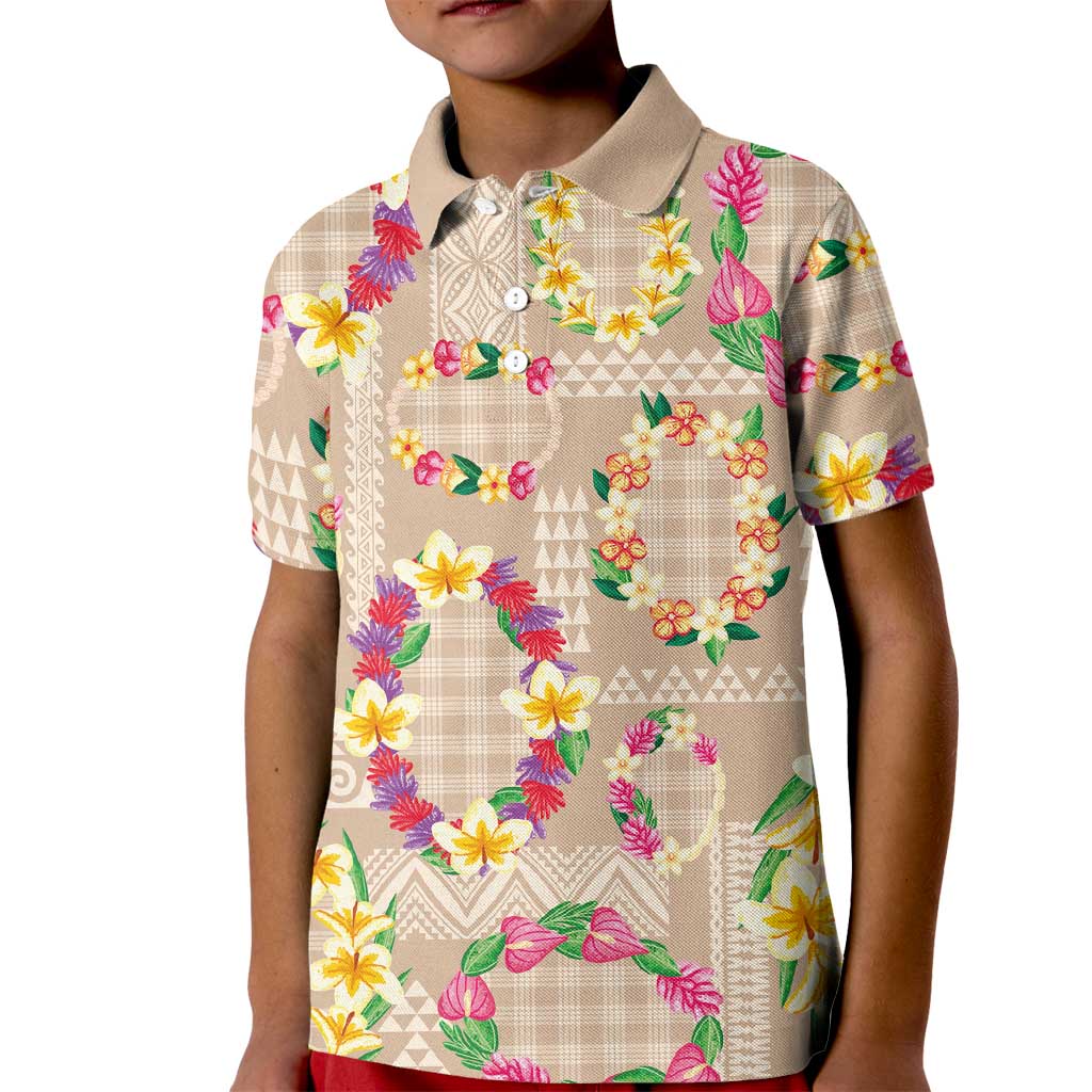 Hawaiian Kakau Tattoo Leis and Palaka Pattern Kid Polo Shirt Traditional Aloha Tribal Beige Color