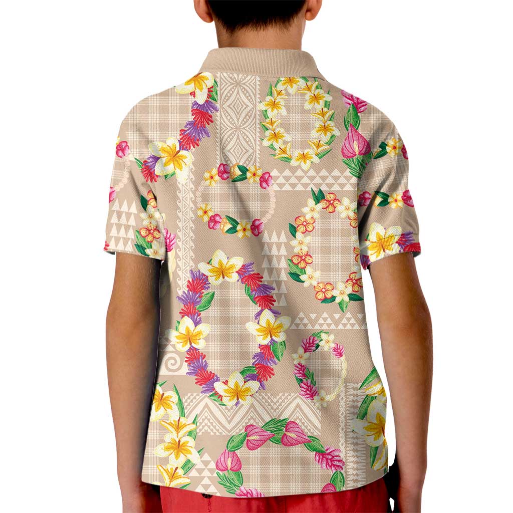 Hawaiian Kakau Tattoo Leis and Palaka Pattern Kid Polo Shirt Traditional Aloha Tribal Beige Color