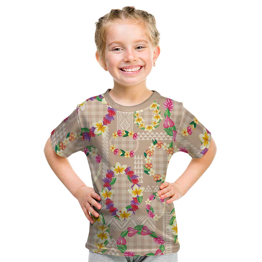 Hawaiian Kakau Tattoo Leis and Palaka Pattern Kid T Shirt Traditional Aloha Tribal Beige Color