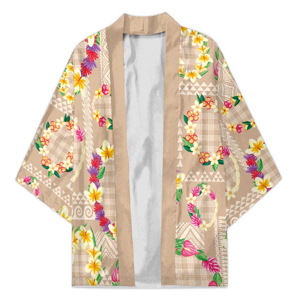 Hawaiian Kakau Tattoo Leis and Palaka Pattern Kimono Traditional Aloha Tribal Beige Color