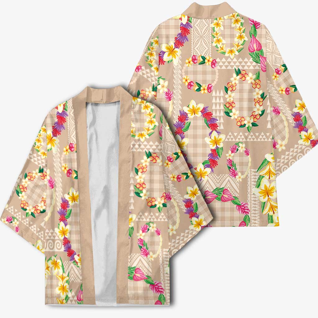 Hawaiian Kakau Tattoo Leis and Palaka Pattern Kimono Traditional Aloha Tribal Beige Color