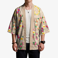 Hawaiian Kakau Tattoo Leis and Palaka Pattern Kimono Traditional Aloha Tribal Beige Color
